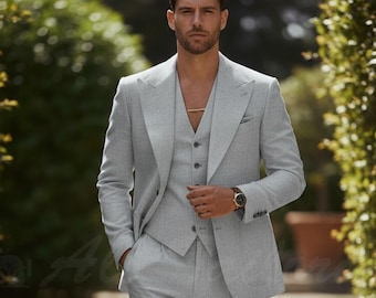Abito da uomo su misura a tre pezzi - Giacca e pantaloni slim fit grigio chiaro