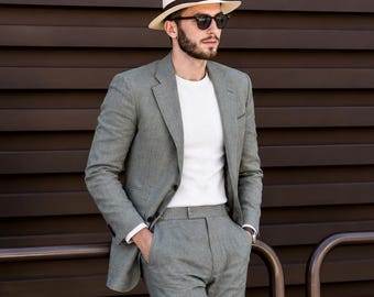 Custom Tailored Linen Suit – Two Piece Men Blazer and Trousers, Wedding Prom Wear