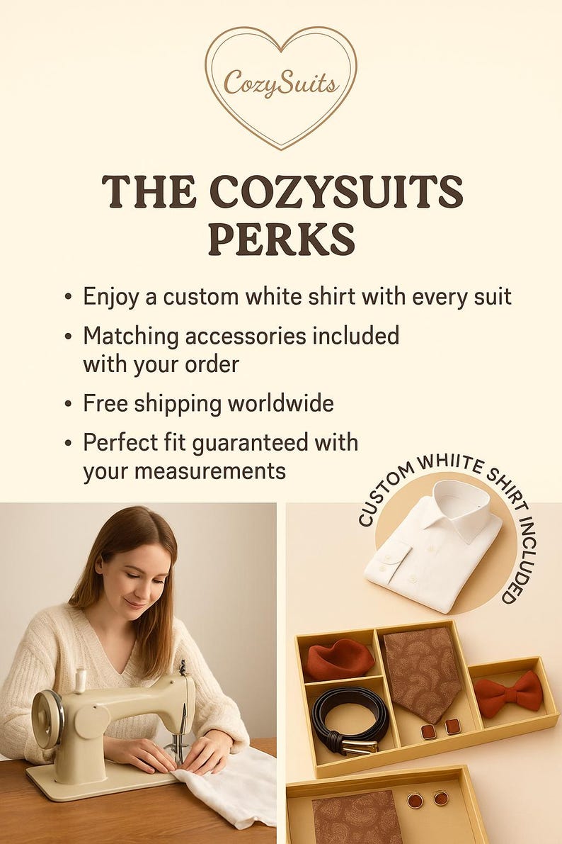 The image is an advertisement for a company called CozySuits, which offers custom white shirts and suits. The ad features a woman sewing a white shirt on a sewing machine, and there are images of a white shirt and a tie inside a box.