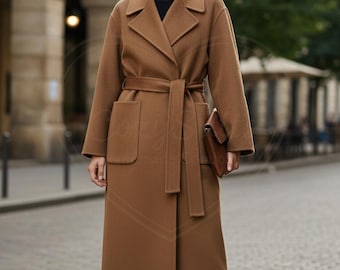 Handmade Brown Wool Trench Coat: Women's Long Overcoat,Professional Wear