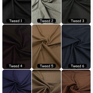May include: Nine swatches of tweed fabric in various colors, including black, gray, and brown. Each swatch is labeled with the word "Tweed" followed by a number. The fabric is arranged in a grid.