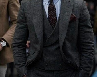 Charcoal Gray Tweed Three Piece Suit: Custom Tailored Mens Formal Wear