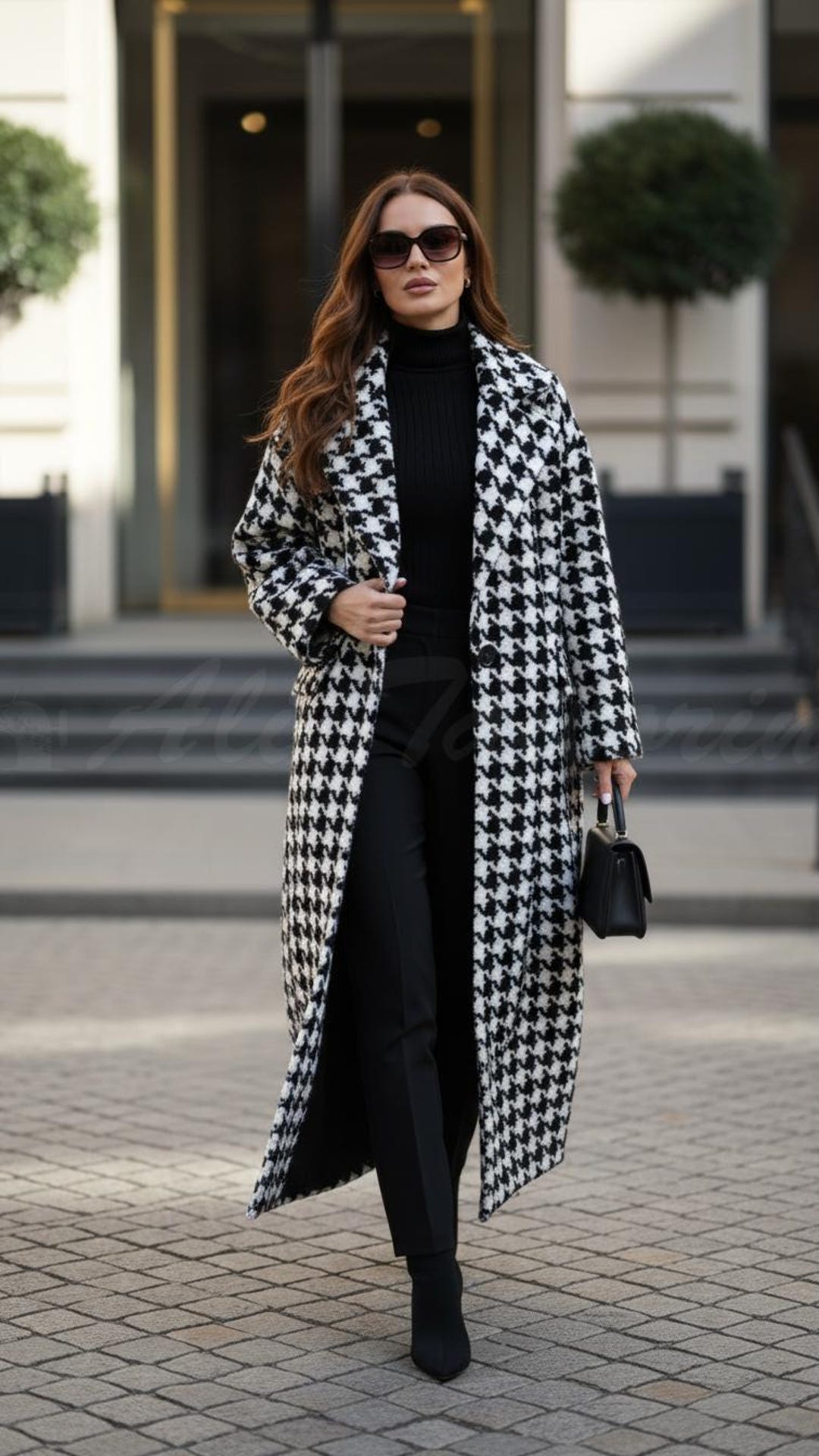 Women's Houndstooth Long Coat, Back White Winter Coat, Chic Minimalist ...