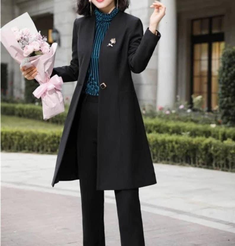 Black Womens Long Coat Suit: Single Button, Custom Tailored Fit, Formal Office Wear image 1