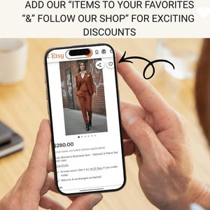 A person is holding a smartphone displaying an image of a woman in a brown outfit, with text suggesting that the user can add items to their favorites and follow the shop for discounts.