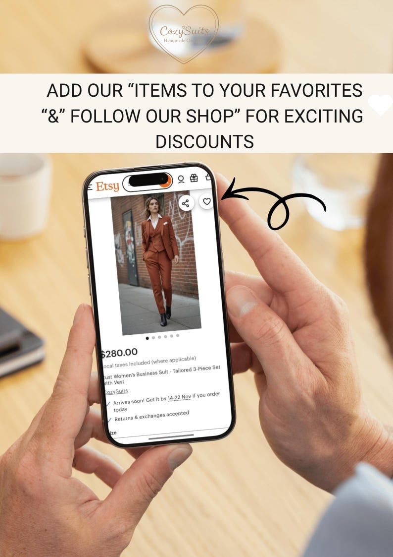 A person is holding a smartphone displaying an image of a woman in a brown outfit, with text suggesting that the user can add items to their favorites and follow the shop for discounts.