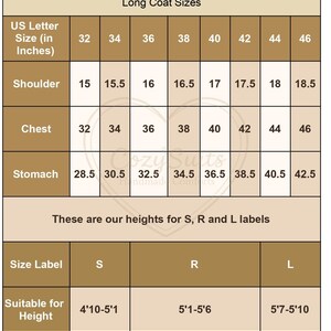 The image is a size chart for long coats, providing measurements and corresponding sizes for different heights. The chart includes a table with size labels and corresponding heights, as well as a list of sizes and their corresponding heights. The chart is designed to help customers determine the appropriate size for their height based on the provided measurements.