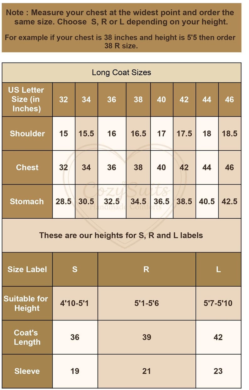 The image is a size chart for long coats, providing measurements and corresponding sizes for different heights. The chart includes a table with size labels and corresponding heights, as well as a list of sizes and their corresponding heights. The chart is designed to help customers determine the appropriate size for their height based on the provided measurements.