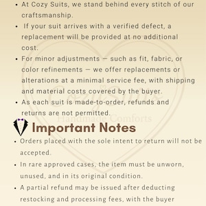 a return and replacement policy for Cozy Suits, which outlines the terms and conditions for customers to follow when returning or replacing their purchased items.