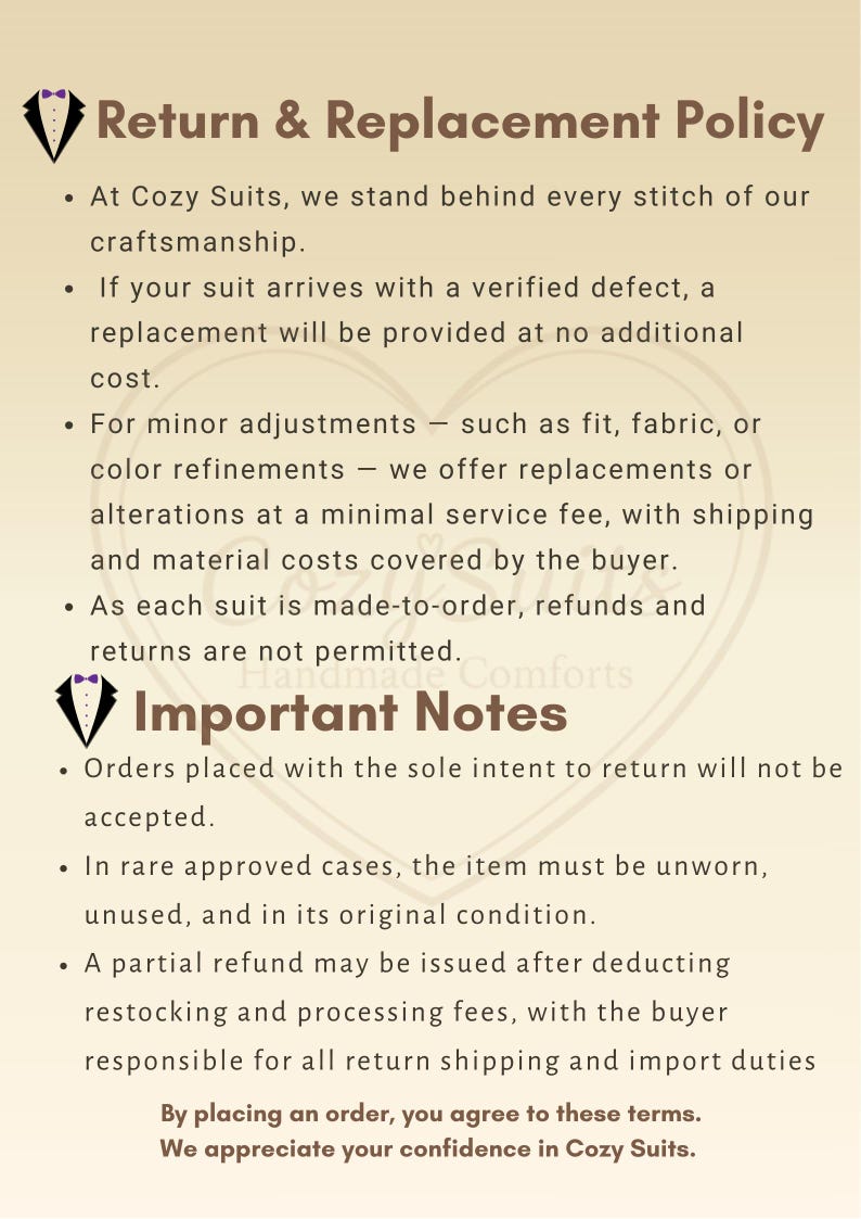 a return and replacement policy for Cozy Suits, which outlines the terms and conditions for customers to follow when returning or replacing their purchased items.