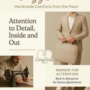 The image is an advertisement for CozySuits, a brand that offers handmade comfort from the heart. It features a man in a beige suit, a man holding a suitcase, and a man working on a sewing machine. The ad highlights the brand's attention to detail, the signature canvas layer, and the margin for alteration, which allows for future adjustments.