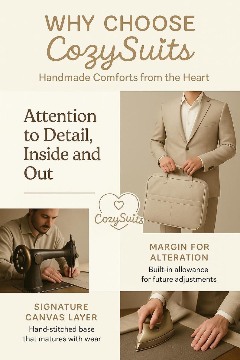 The image is an advertisement for CozySuits, a brand that offers handmade comfort from the heart. It features a man in a beige suit, a man holding a suitcase, and a man working on a sewing machine. The ad highlights the brand's attention to detail, the signature canvas layer, and the margin for alteration, which allows for future adjustments.