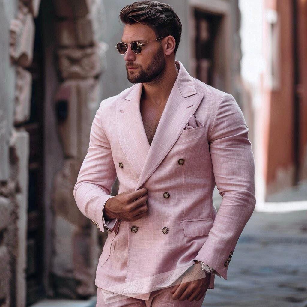 Custom Tailored Pink Linen Double-Breasted Suit: Slim Fit Wedding Groomsmen (Multiple Sizes)