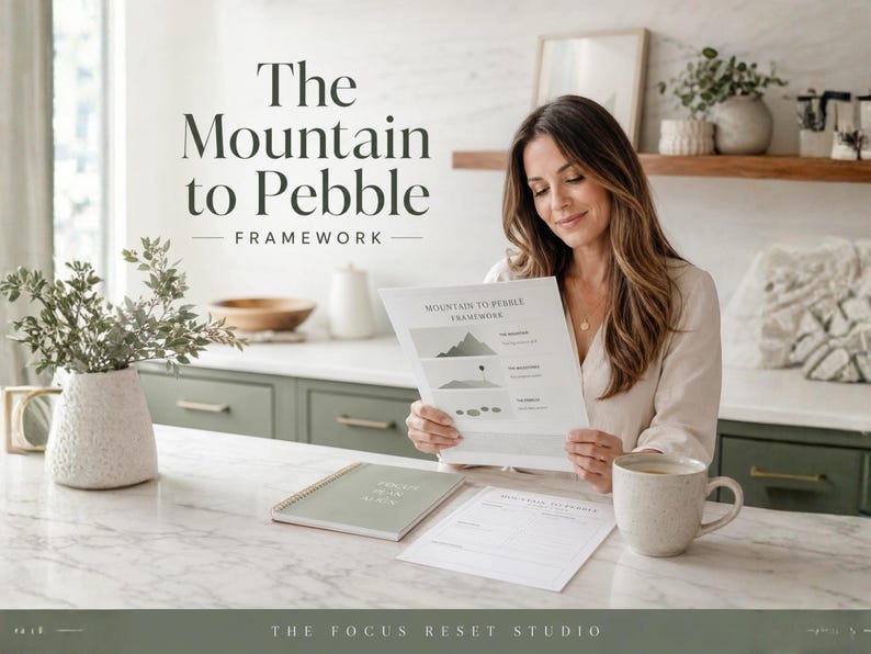 Pode incluir: Uma mulher segura um documento intitulado "Mountain to Pebble Framework". A imagem apresenta uma bancada de m&aacute;rmore com um caderno, uma caneca e um vaso com vegeta&ccedil;&atilde;o. O texto "The Focus Reset Studio" est&aacute; na parte inferior.