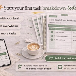 Puede incluir: Imagen que promociona una hoja de trabajo de desglose de tareas, con un tel&eacute;fono inteligente, caf&eacute; y un bol&iacute;grafo. El texto incluye "Comienza tu primer desglose de tareas hoy" y "A&ntilde;adir al carrito". La hoja de trabajo est&aacute; dise&ntilde;ada para ayudar a los usuarios a administrar tareas.