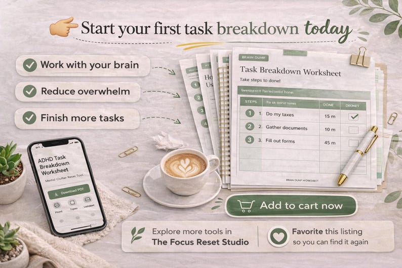 Puede incluir: Imagen que promociona una hoja de trabajo de desglose de tareas, con un tel&eacute;fono inteligente, caf&eacute; y un bol&iacute;grafo. El texto incluye "Comienza tu primer desglose de tareas hoy" y "A&ntilde;adir al carrito". La hoja de trabajo est&aacute; dise&ntilde;ada para ayudar a los usuarios a administrar tareas.