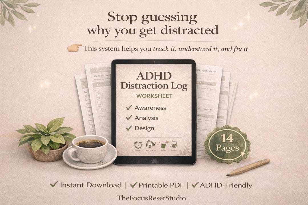 ADHD Distraction Log Printable, Focus Planner PDF, ADHD Productivity ...