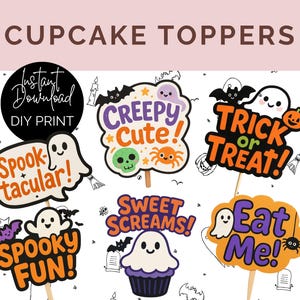 Printable Halloween Cupcake Toppers | Spooky Sayings Party Decorations, Digital Download PDF, 12 Designs for Cupcake Decor,  Halloween Party