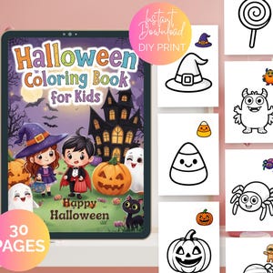 Cute Halloween Coloring Book for Kids, 30 Printable Pages, Spooky Ghosts Pumpkins Witches Mummies, Digital Download, Halloween Activity PDF