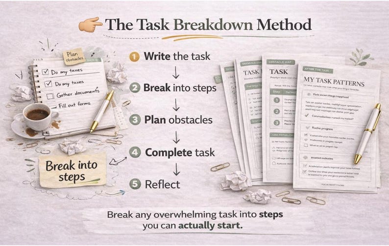 Puede incluir: Imagen que ilustra el "M&eacute;todo de desglose de tareas" con los pasos: Escribir, Dividir en pasos, Planificar obst&aacute;culos, Completar tarea y Reflexionar. Incluye bloc de notas, bol&iacute;grafo, caf&eacute; y hojas de tareas.