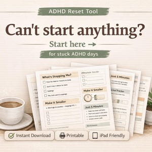 ADHD Can't Start Task Reset | Stop Task Paralysis Printable | Executive Dysfunction Help | Start Tasks Easily | ADHD Productivity Tool