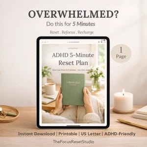 Hoja de trabajo de reinicio de 5 minutos, Reinicio para el agobio en el TDAH (imprimible), Ayuda para la disfunción ejecutiva, Herramienta de reinicio cerebral, Planificador de productividad para el TDAH (PDF)