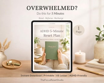 ADHD 5分間リセットワークシート、圧倒される脳ツール（デジタルダウンロード）