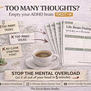 Muitos pensamentos? Planilha para desabafar sobre o TDAH | Elimine a sobrecarga mental rapidamente | PDF para imprimir e reequilibrar a mente