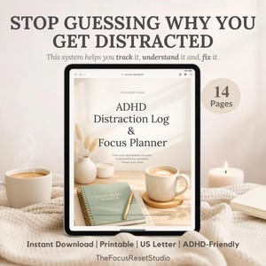 ADHD Distraction Log, Focus Planner, Productivity System (PDF Download)