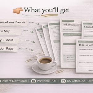 Puede incluir: Imagen de un planificador con el texto &laquo;&nbsp;Lo que obtendr&aacute;s&nbsp;&raquo;. El planificador incluye un planificador de desglose de tareas, un mapa de obst&aacute;culos, prioridad + enfoque y una p&aacute;gina de reflexi&oacute;n. Tambi&eacute;n se ven una taza de caf&eacute;, un bol&iacute;grafo y clips.