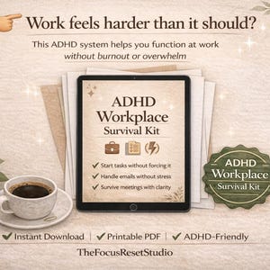 ADHD at Work Printable | Workplace Survival Kit for ADHD Adults | Task Paralysis, Email Triage, Meeting Planner, Productivity System PDF