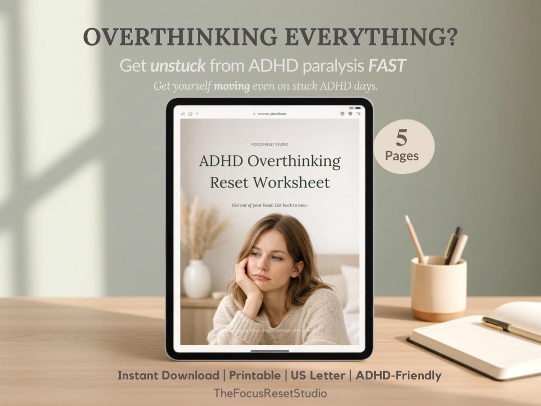 Adhd Overthinking ADHD Overthinking Reset Worksheet | Stop Thought Spirals & Decision ...