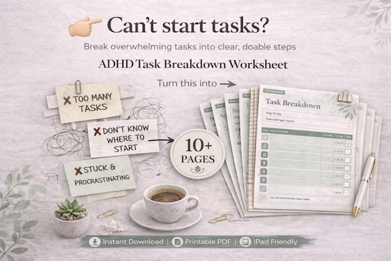 ADHD Task Breakdown Planner Printable | Stop Procrastination & Overwhelm | Break Tasks Into Steps | ADHD Productivity Worksheet PDF