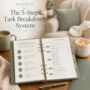 Pode incluir: Um planejador aberto com o texto "The 5-Step Task Breakdown System" est&aacute; em uma mesa de madeira, ao lado de uma caneca de caf&eacute; e uma vela acesa. Uma caneta e um di&aacute;rio tamb&eacute;m est&atilde;o na mesa. O planejador est&aacute; aberto em uma p&aacute;gina com uma lista de verifica&ccedil;&atilde;o.