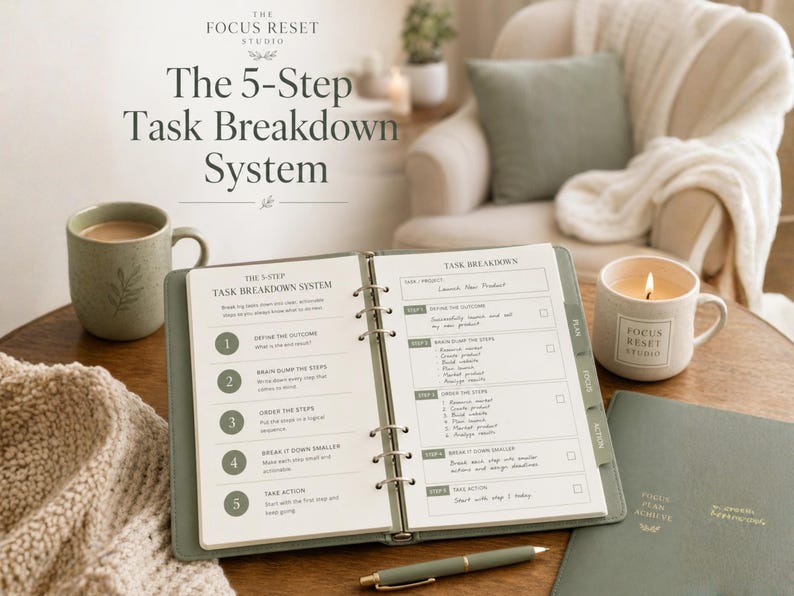 Pode incluir: Um planejador aberto com o texto "The 5-Step Task Breakdown System" est&aacute; em uma mesa de madeira, ao lado de uma caneca de caf&eacute; e uma vela acesa. Uma caneta e um di&aacute;rio tamb&eacute;m est&atilde;o na mesa. O planejador est&aacute; aberto em uma p&aacute;gina com uma lista de verifica&ccedil;&atilde;o.