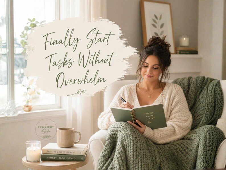 Pode incluir: Uma mulher sentada numa poltrona branca escreve num di&aacute;rio verde. O di&aacute;rio diz "Focus Plan Thrive". Uma manta bege e uma manta verde est&atilde;o sobre a cadeira. Uma caneca, livros e uma vela est&atilde;o numa mesa pequena. O texto diz "Finally Start Tasks Without Overwhelm."