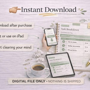 Puede incluir: Imagen que promociona una descarga instant&aacute;nea de un archivo digital. La imagen incluye un tel&eacute;fono inteligente y una tableta que muestran un desglose de tareas, un cuaderno, una taza de caf&eacute; y una peque&ntilde;a suculenta. El texto dice "Descarga instant&aacute;nea" y "SOLO ARCHIVO DIGITAL - NO SE ENV&Iacute;A NADA."