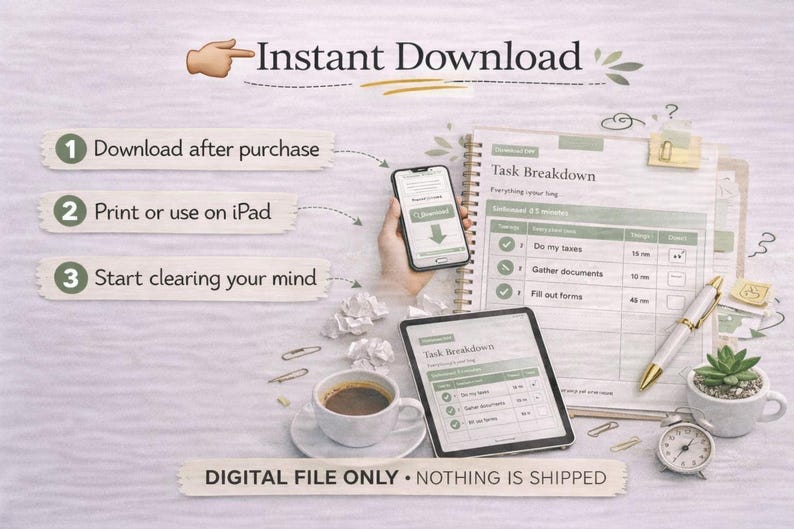 Puede incluir: Imagen que promociona una descarga instant&aacute;nea de un archivo digital. La imagen incluye un tel&eacute;fono inteligente y una tableta que muestran un desglose de tareas, un cuaderno, una taza de caf&eacute; y una peque&ntilde;a suculenta. El texto dice "Descarga instant&aacute;nea" y "SOLO ARCHIVO DIGITAL - NO SE ENV&Iacute;A NADA."