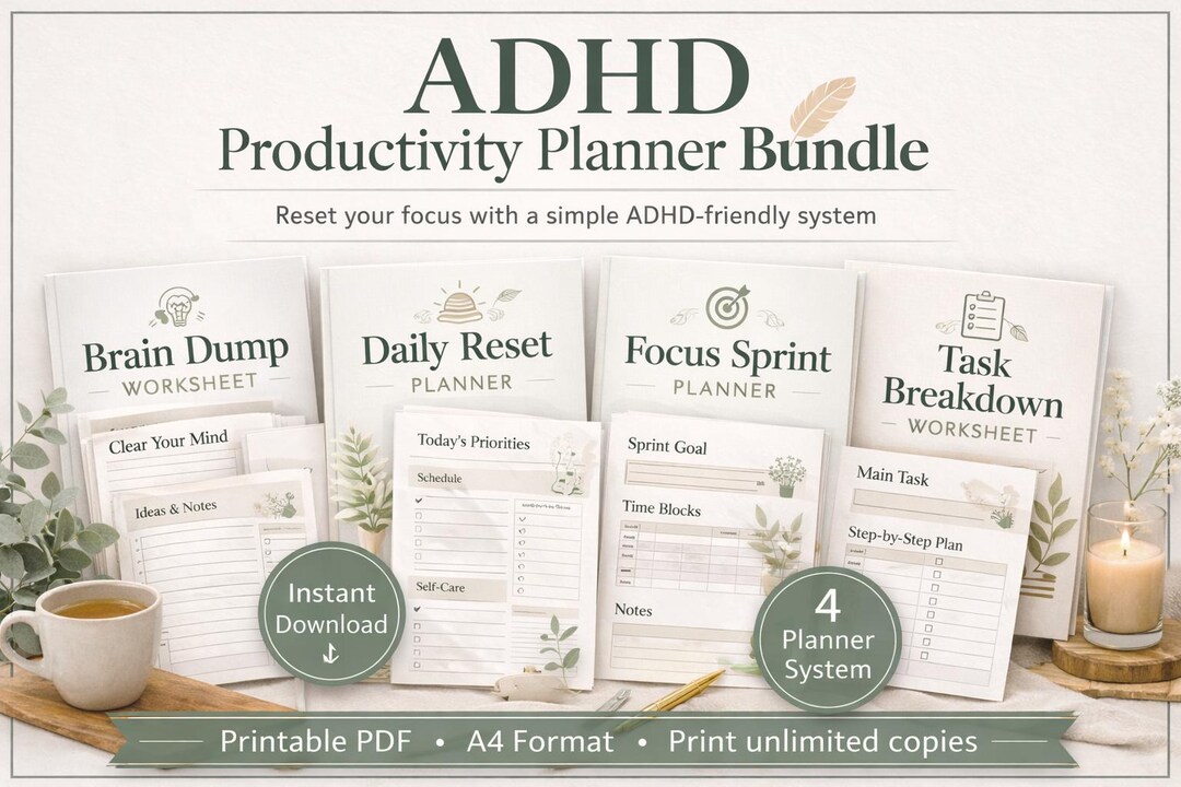 ADHD Planner Bundle Printable, Brain Dump, Task Breakdown, Focus Sprint ...