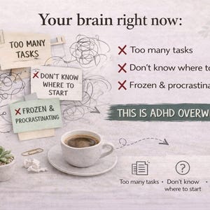 Puede incluir: Imagen con texto: "Tu cerebro ahora mismo: Demasiadas tareas, No s&eacute; por d&oacute;nde empezar, Congelado y procrastinando. Esto es sobrecarga de TDAH." Incluye una taza de caf&eacute;, una suculenta y notas adhesivas.