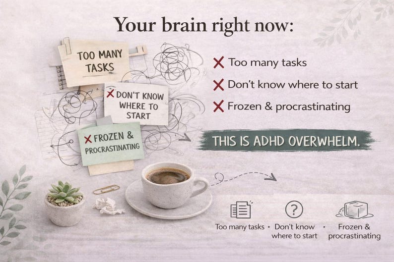 Puede incluir: Imagen con texto: "Tu cerebro ahora mismo: Demasiadas tareas, No s&eacute; por d&oacute;nde empezar, Congelado y procrastinando. Esto es sobrecarga de TDAH." Incluye una taza de caf&eacute;, una suculenta y notas adhesivas.