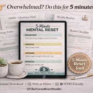 Folha de exercícios de 5 minutos para reiniciar o cérebro, guia para reiniciar o cérebro em casos de sobrecarga de TDAH (para imprimir), ajuda para disfunção executiva, ferramenta para reiniciar o cérebro, planejador de produtividade para TDAH (PDF)