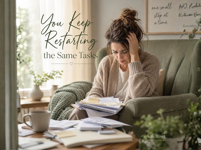 Pode incluir: Uma mulher sentada numa poltrona verde parece stressada, rodeada de pap&eacute;is. A imagem inclui o texto "You Keep Restarting the Same Tasks". Uma caneca de caf&eacute; e outros pap&eacute;is est&atilde;o sobre a mesa. Um sinal na parede diz "one small step at a time."