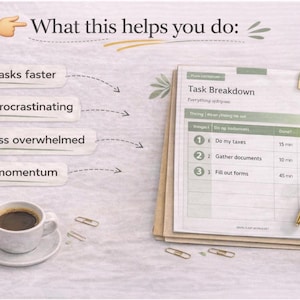 Puede incluir: Una imagen con una hoja de desglose de tareas, un bol&iacute;grafo y una taza de caf&eacute;. La lista de tareas incluye elementos como "Hacer mis impuestos" y "Recopilar documentos". La imagen tambi&eacute;n incluye el texto "Lo que esto te ayuda a hacer: Iniciar tareas m&aacute;s r&aacute;pido, Dejar de procrastinar, Sentirte menos abrumado, Generar impulso".