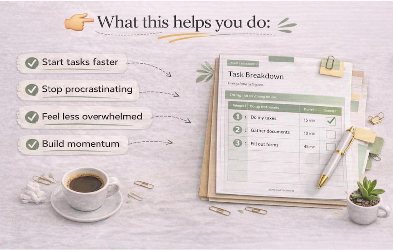 Puede incluir: Una imagen con una hoja de desglose de tareas, un bol&iacute;grafo y una taza de caf&eacute;. La lista de tareas incluye elementos como "Hacer mis impuestos" y "Recopilar documentos". La imagen tambi&eacute;n incluye el texto "Lo que esto te ayuda a hacer: Iniciar tareas m&aacute;s r&aacute;pido, Dejar de procrastinar, Sentirte menos abrumado, Generar impulso".