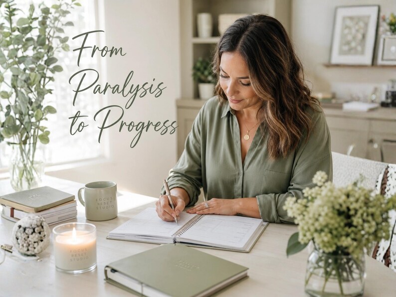 Pode incluir: Uma pessoa escrevendo em um planejador em uma mesa. A imagem inclui uma caneca, uma vela e um vaso de flores. O texto "From Paralysis to Progress" &eacute; vis&iacute;vel. O planejador e outros itens s&atilde;o em tons de verde e branco.
