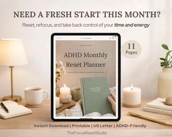 ADHD患者向け月間リセットプランナー｜振り返り、計画、明確化（デジタルダウンロード）
