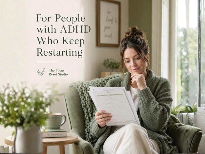 Pode incluir: Uma mulher de cardigan verde senta-se numa poltrona verde, lendo pap&eacute;is. O texto "For People with ADHD Who Keep Restarting" est&aacute; no topo. Uma ch&aacute;vena de caf&eacute; e um livro est&atilde;o numa mesa pequena. O logotipo The Focus Reset Studio &eacute; vis&iacute;vel.