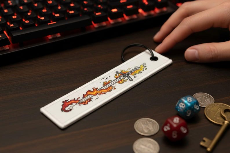 May include: A white rectangular keychain featuring a sword design engulfed in flames. The keychain has a black ring and is placed on a dark wooden surface, next to dice, coins, and a keyboard.