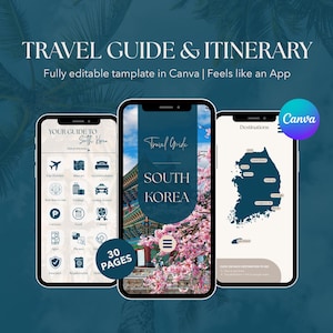 Mobile Travel Itinerary Template Editable Travel Guide Digital South Korea Guide Trip Organizer Travel Agency Canva Vacation Template